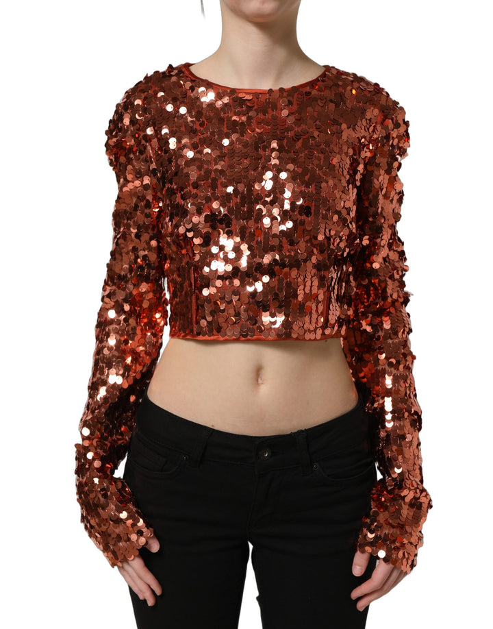 Dolce &amp; Gabbana Red Sequined Long Sleeves Crop Blouse Top