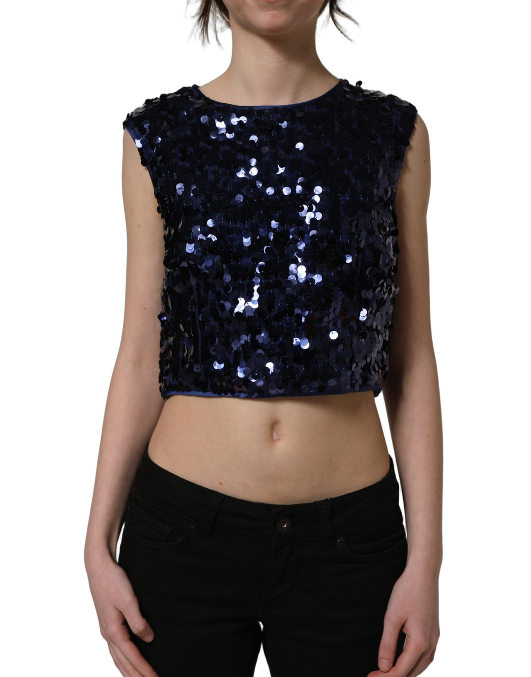 Dolce &amp; Gabbana Blue Sequined Sleeveless Cropped Tank Top