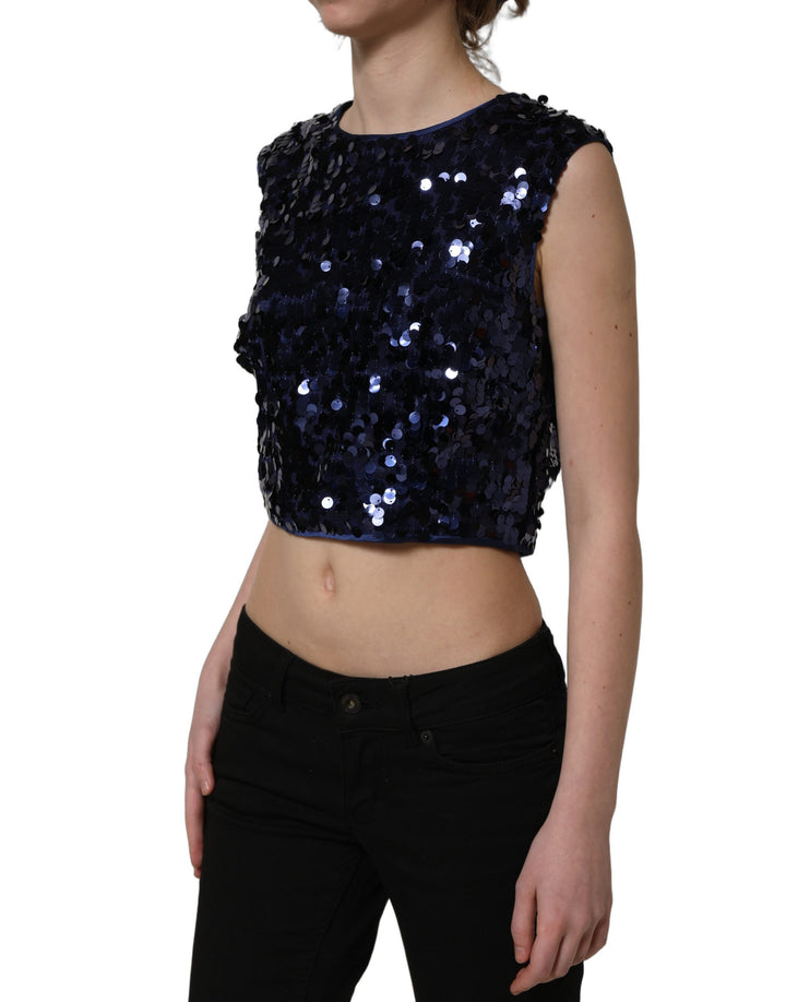 Dolce &amp; Gabbana Blue Sequined Sleeveless Cropped Tank Top