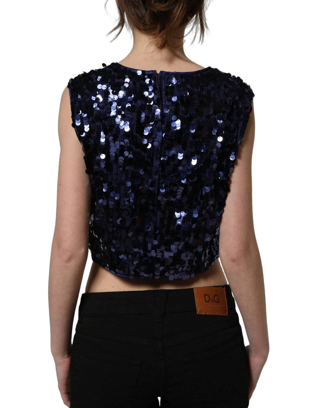 Dolce &amp; Gabbana Blue Sequined Sleeveless Cropped Tank Top