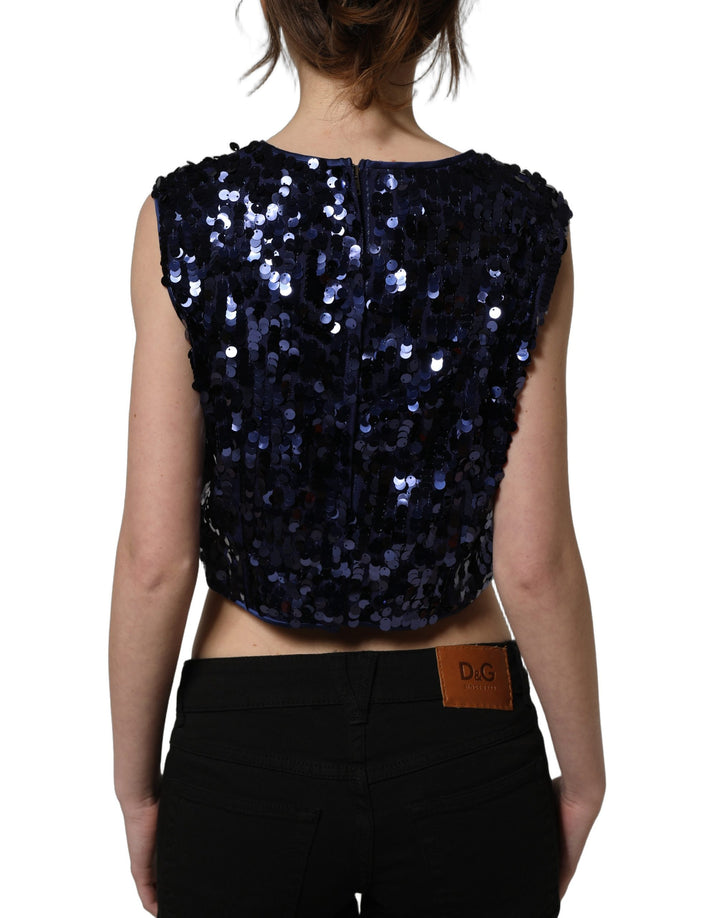 Dolce &amp; Gabbana Blue Sequined Sleeveless Cropped Tank Top