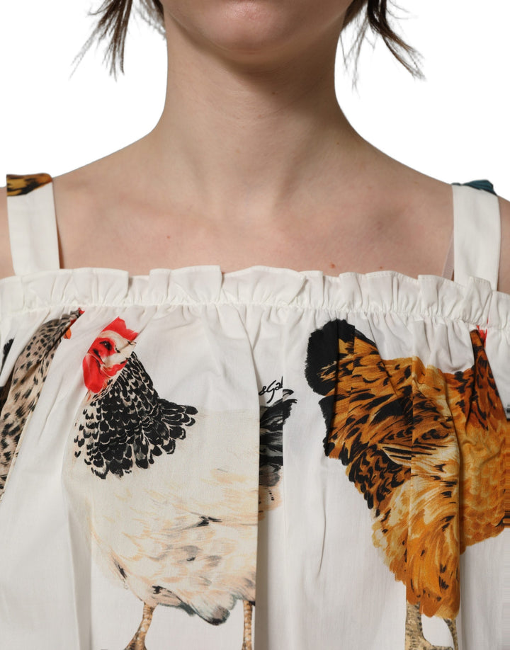 Dolce &amp; Gabbana White Rooster Print Poplin Off The Shoulder Top
