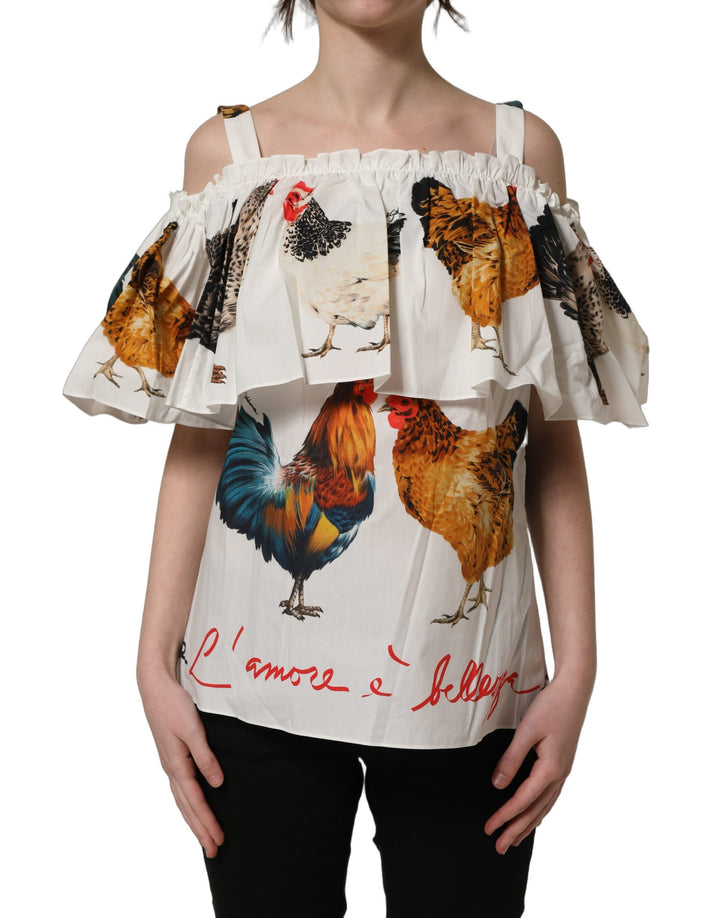 Dolce &amp; Gabbana White Rooster Print Poplin Off The Shoulder Top