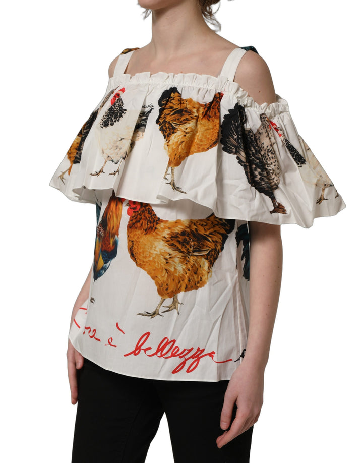 Dolce &amp; Gabbana White Rooster Print Poplin Off The Shoulder Top