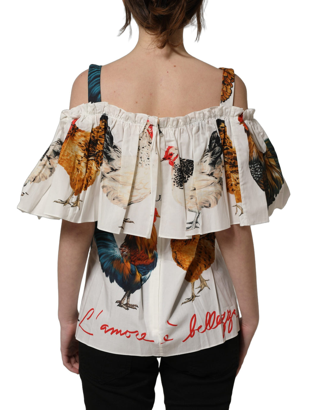 Dolce &amp; Gabbana White Rooster Print Poplin Off The Shoulder Top