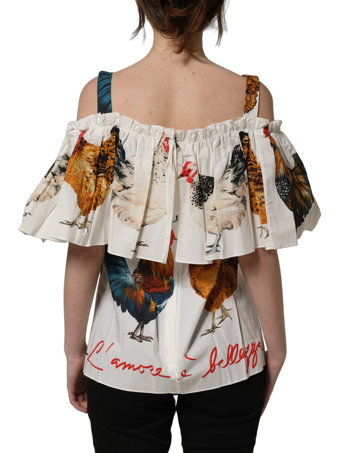 Dolce &amp; Gabbana White Rooster Print Poplin Off The Shoulder Top
