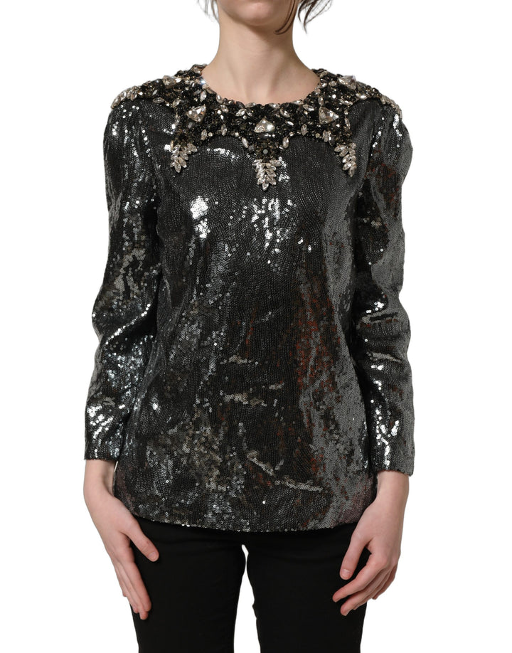 Dolce &amp; Gabbana Metallic Gray Sequin Embellished Blouse Top