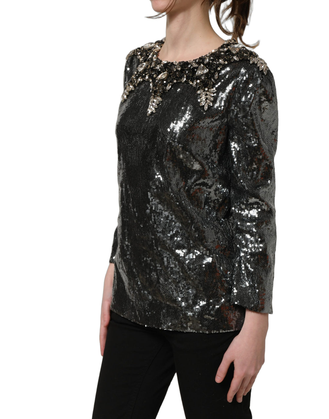 Dolce &amp; Gabbana Metallic Gray Sequin Embellished Blouse Top