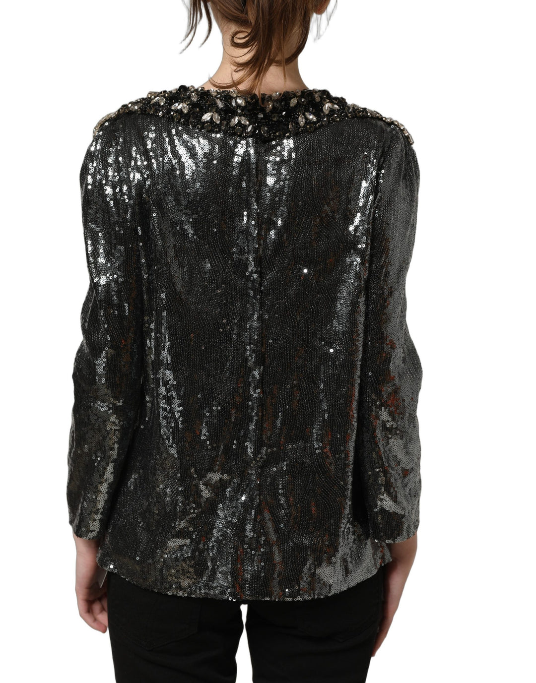 Dolce &amp; Gabbana Metallic Gray Sequin Embellished Blouse Top