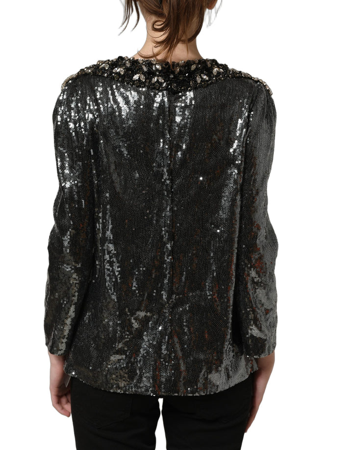Dolce &amp; Gabbana Metallic Gray Sequin Embellished Blouse Top