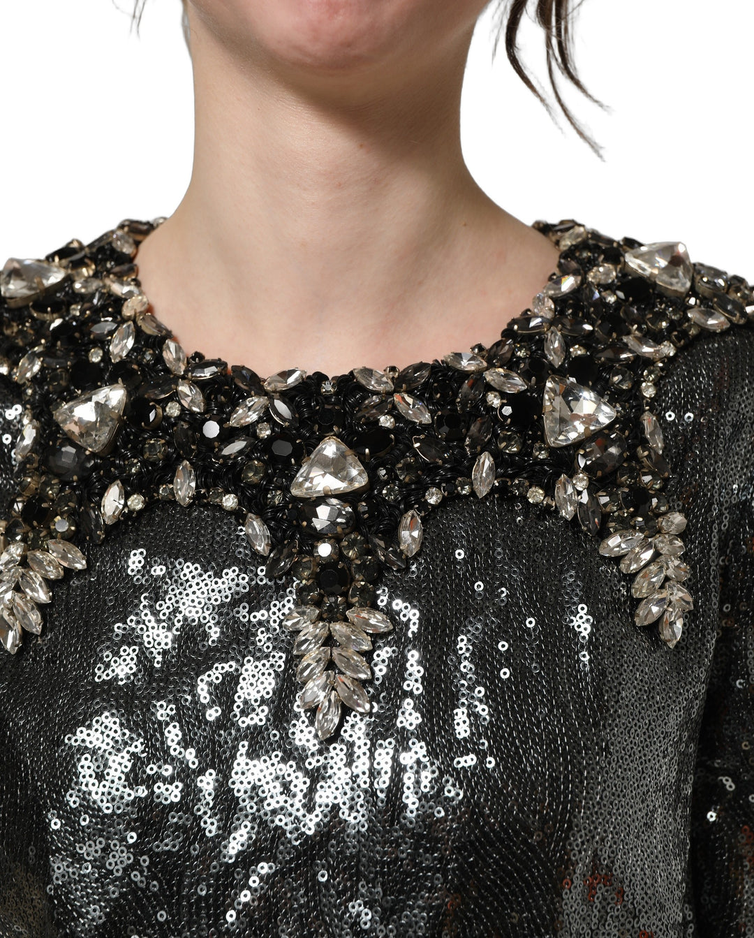 Dolce &amp; Gabbana Metallic Gray Sequin Embellished Blouse Top