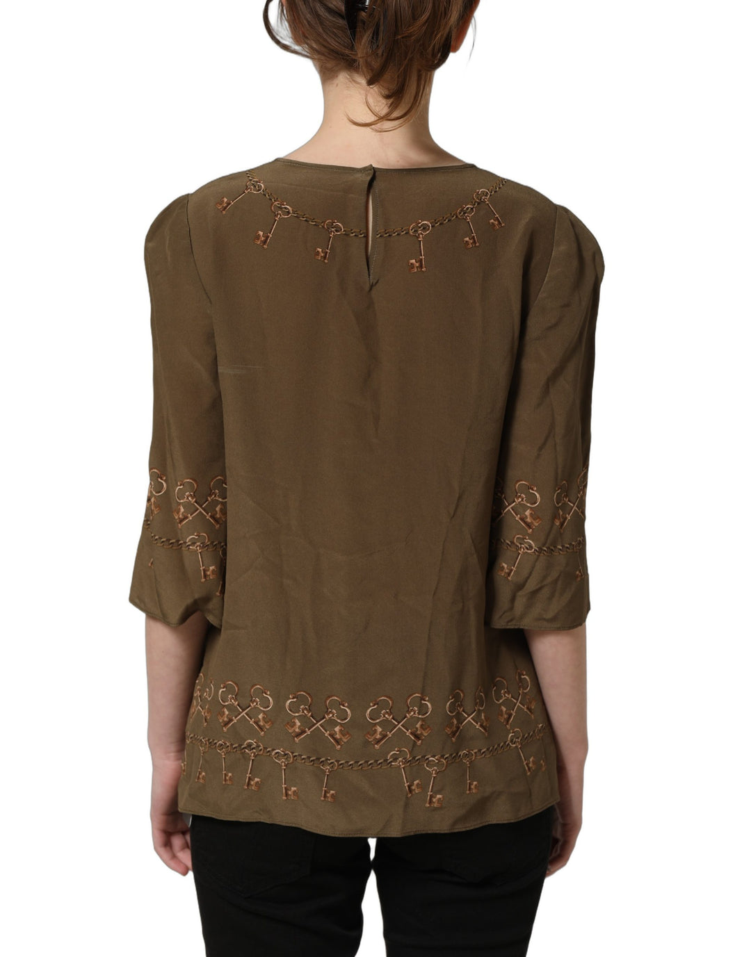 Dolce &amp; Gabbana Brown Keys Roses Printed Silk Blouse Top