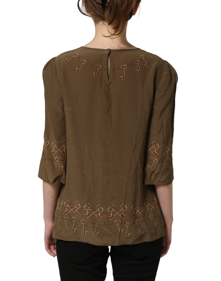 Dolce &amp; Gabbana Brown Keys Roses Printed Silk Blouse Top