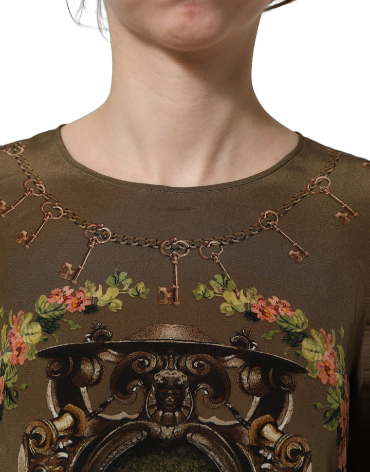 Dolce &amp; Gabbana Brown Keys Roses Printed Silk Blouse Top