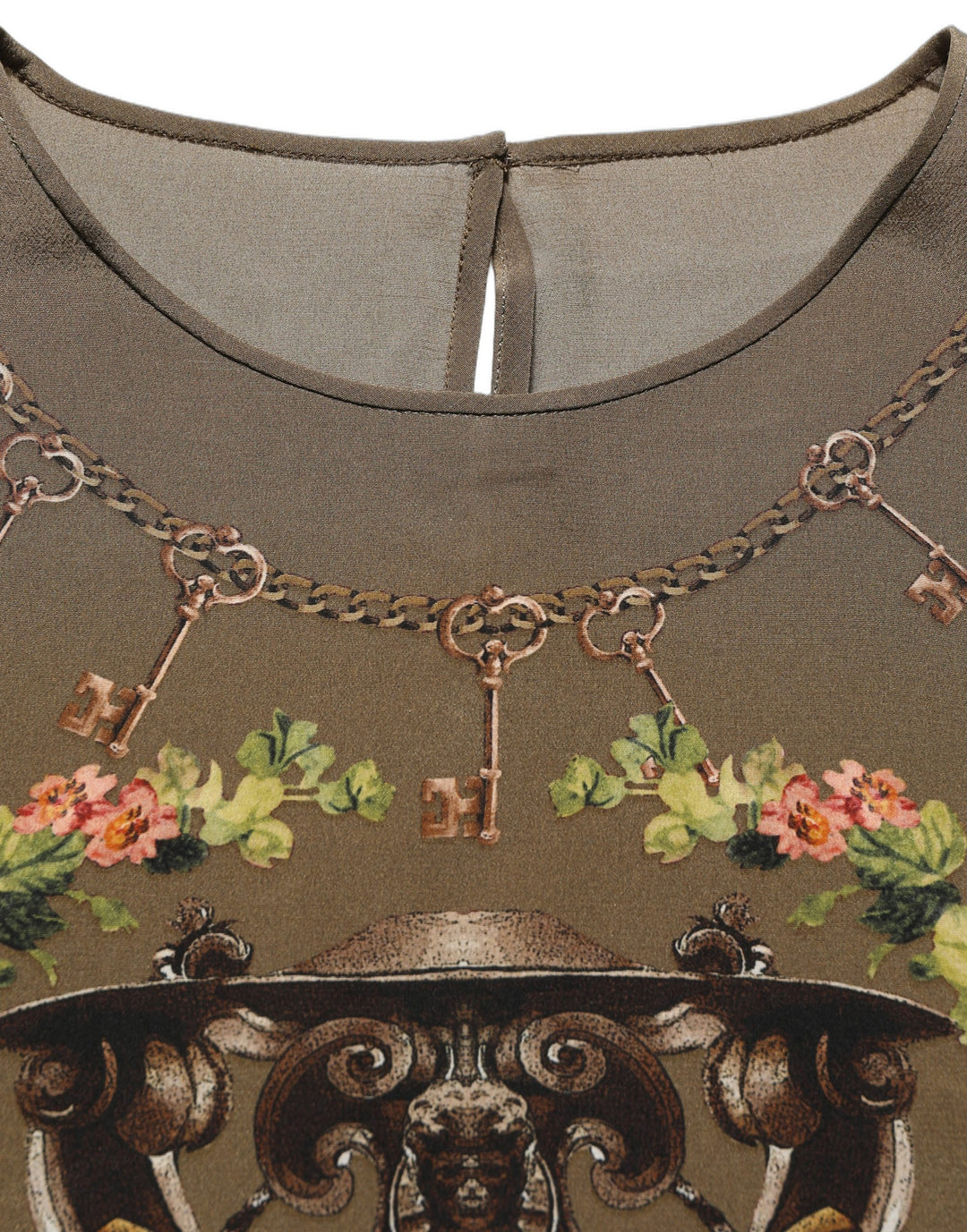 Dolce &amp; Gabbana Brown Keys Roses Printed Silk Blouse Top