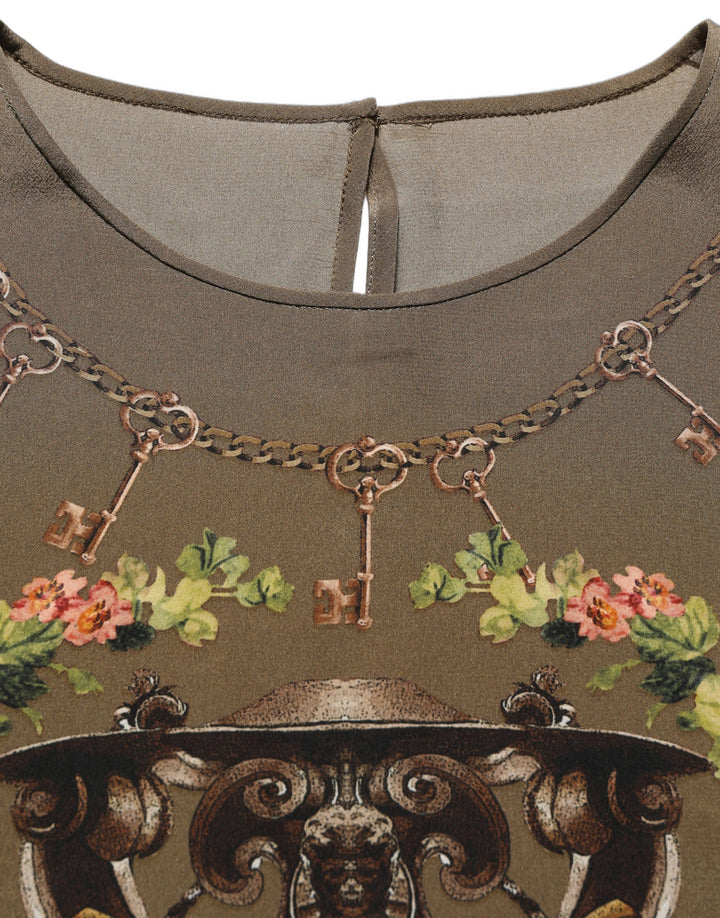 Dolce &amp; Gabbana Brown Keys Roses Printed Silk Blouse Top