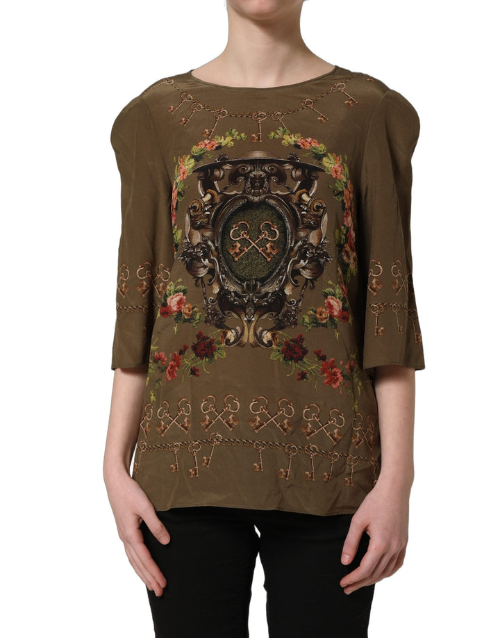 Dolce &amp; Gabbana Brown Keys Roses Printed Silk Blouse Top
