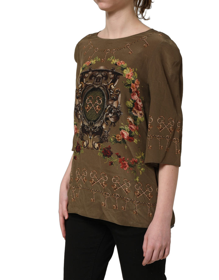 Dolce &amp; Gabbana Brown Keys Roses Printed Silk Blouse Top