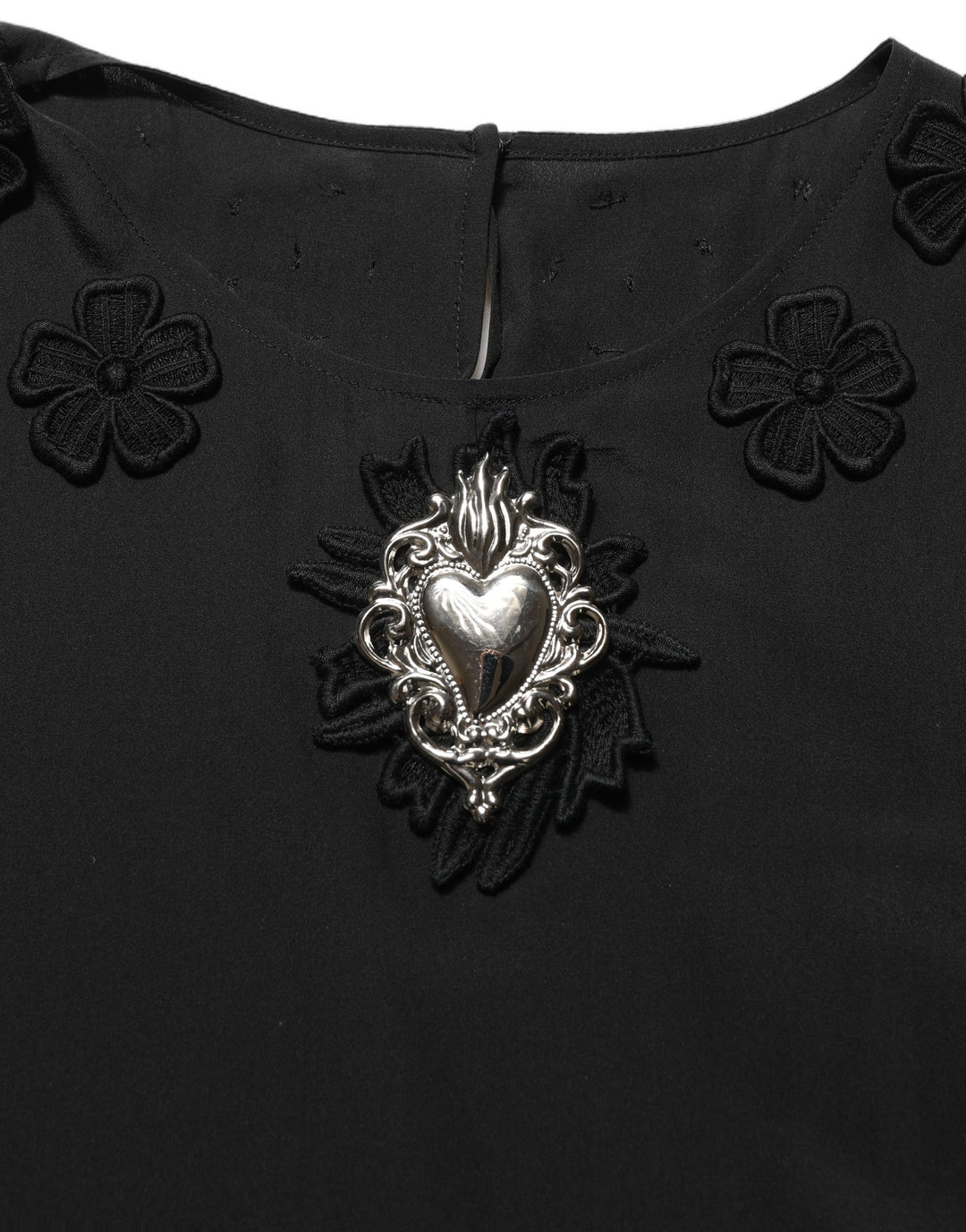 Dolce &amp; Gabbana Black Floral Silk Heart Appliqué Blouse Top