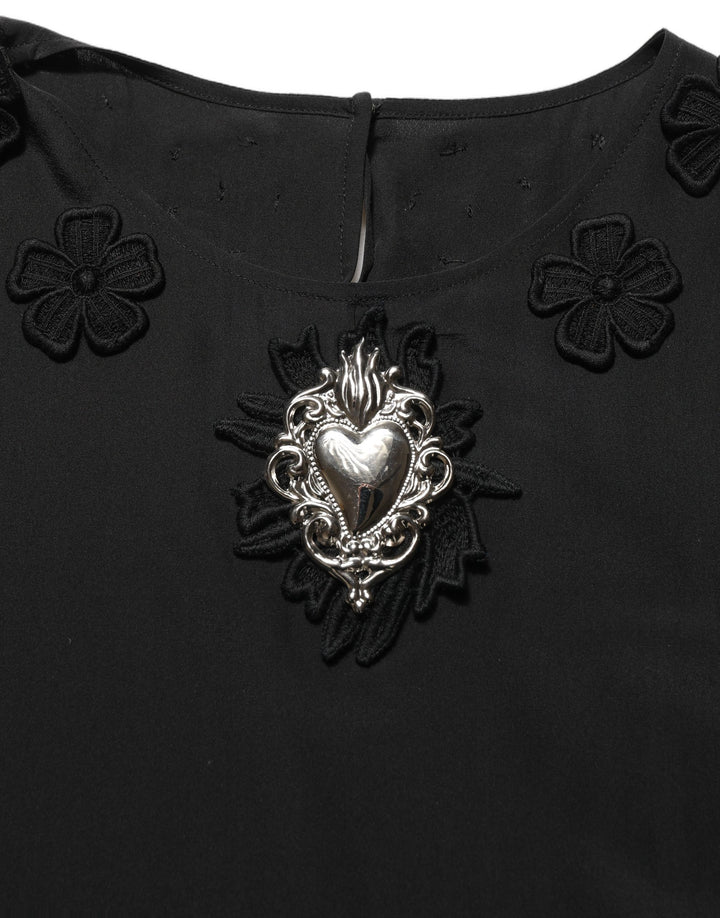 Dolce &amp; Gabbana Black Floral Silk Heart Appliqué Blouse Top