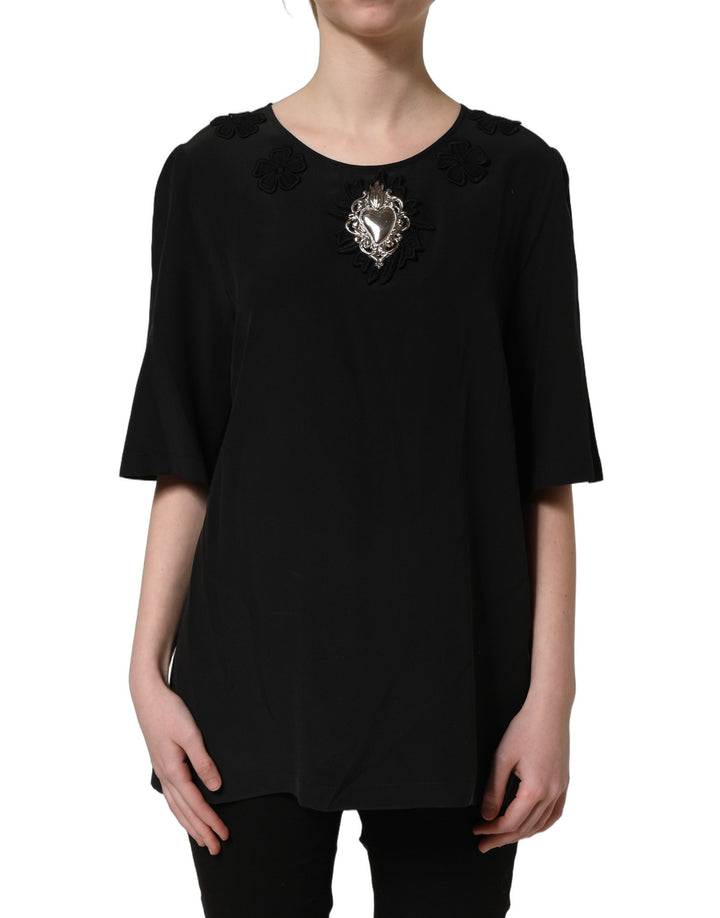 Dolce &amp; Gabbana Black Floral Silk Heart Appliqué Blouse Top