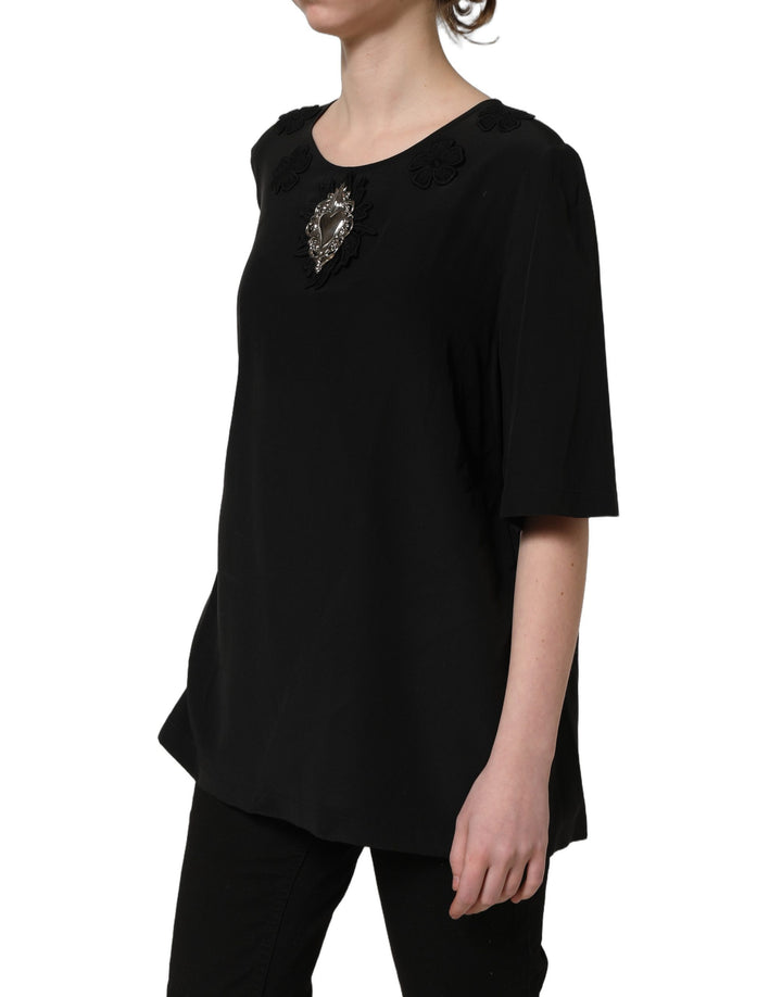 Dolce &amp; Gabbana Black Floral Silk Heart Appliqué Blouse Top