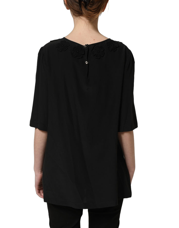 Dolce &amp; Gabbana Black Floral Silk Heart Appliqué Blouse Top