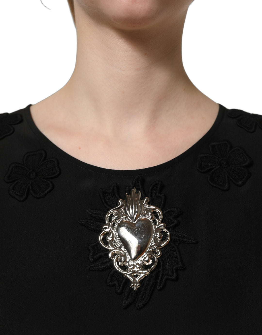 Dolce &amp; Gabbana Black Floral Silk Heart Appliqué Blouse Top