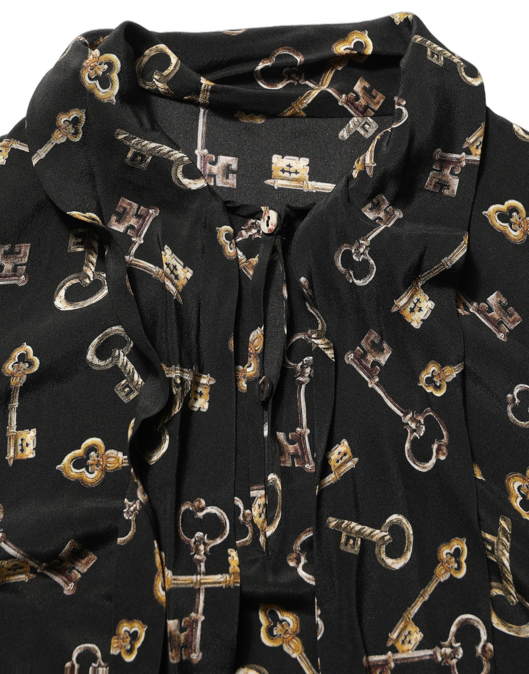 Dolce &amp; Gabbana Black Keys Print Silk Tie Neck Blouse Top