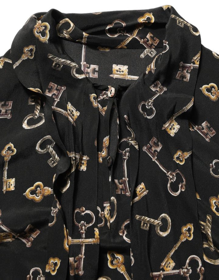 Dolce &amp; Gabbana Black Keys Print Silk Tie Neck Blouse Top
