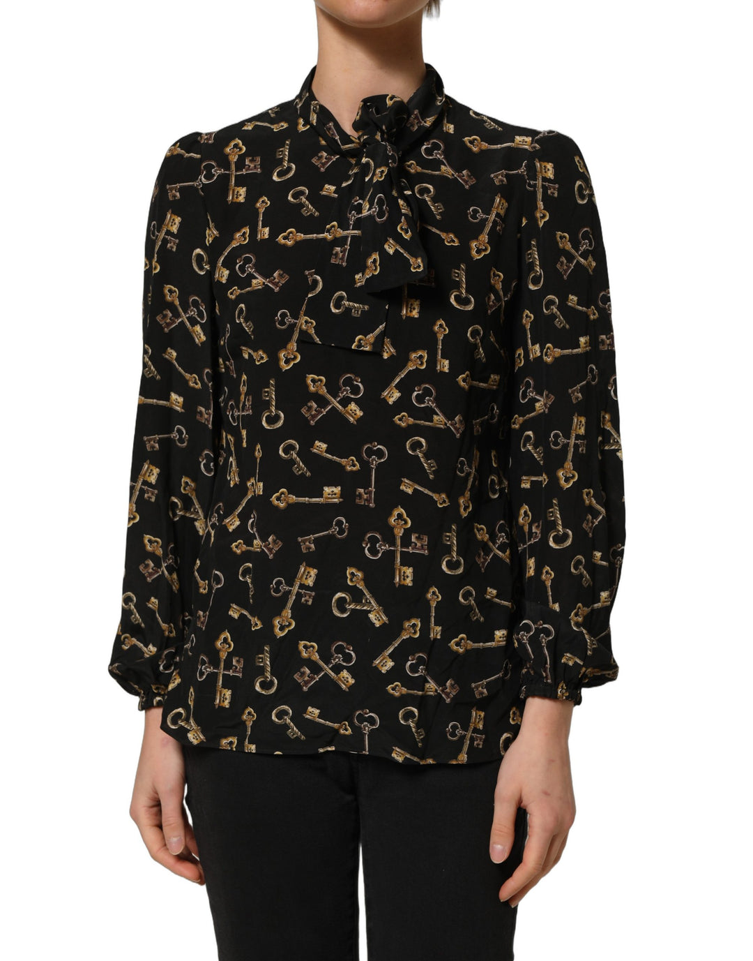 Dolce &amp; Gabbana Black Keys Print Silk Tie Neck Blouse Top
