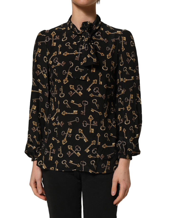 Dolce &amp; Gabbana Black Keys Print Silk Tie Neck Blouse Top