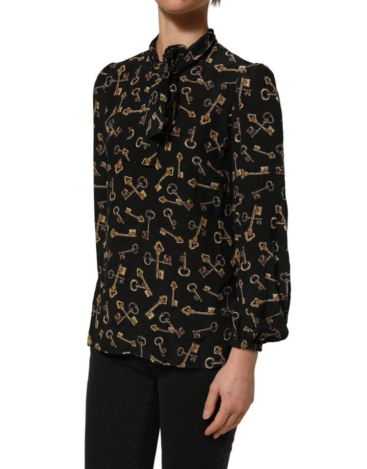 Dolce &amp; Gabbana Black Keys Print Silk Tie Neck Blouse Top