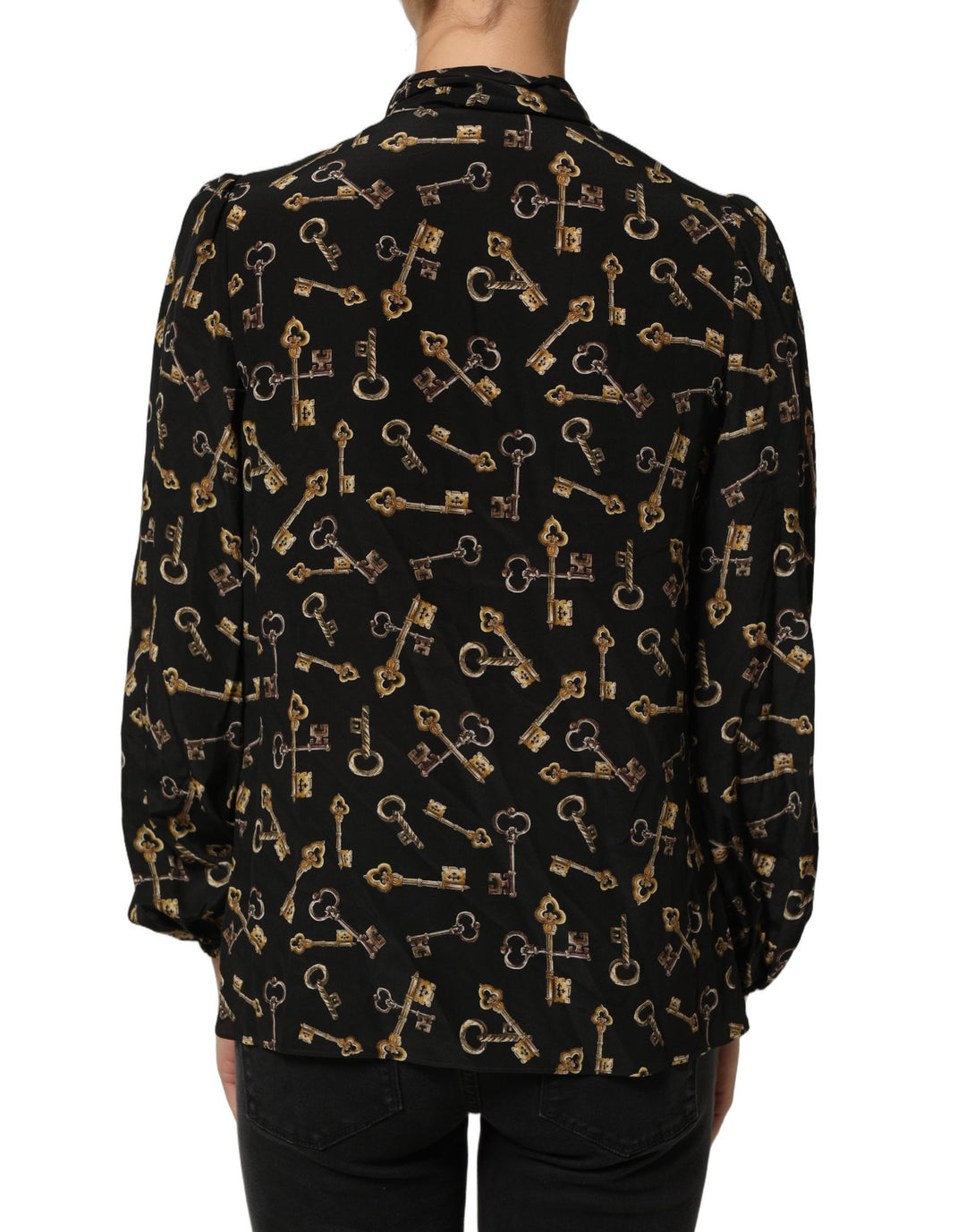 Dolce &amp; Gabbana Black Keys Print Silk Tie Neck Blouse Top