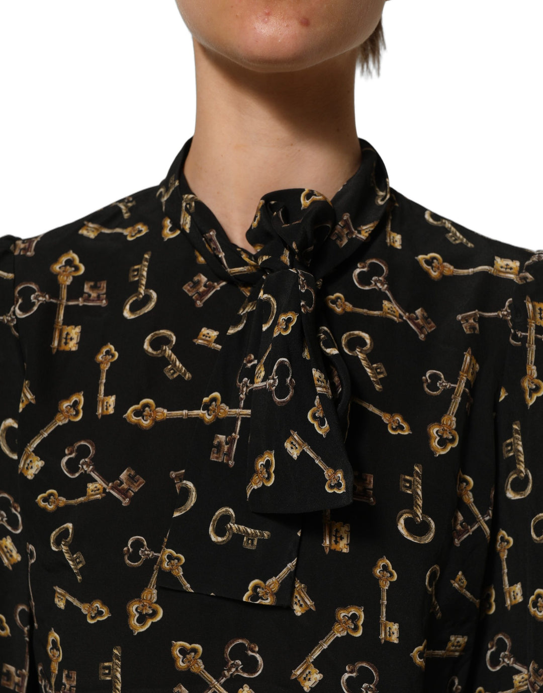 Dolce &amp; Gabbana Black Keys Print Silk Tie Neck Blouse Top