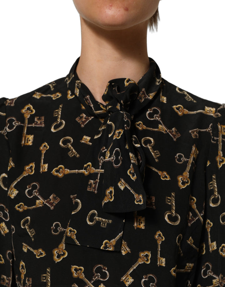 Dolce &amp; Gabbana Black Keys Print Silk Tie Neck Blouse Top