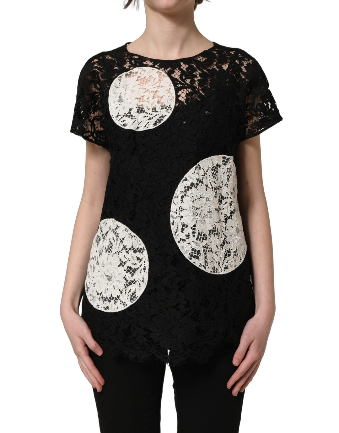 Dolce &amp; Gabbana Black White Floral Lace Short Sleeve Blouse Top