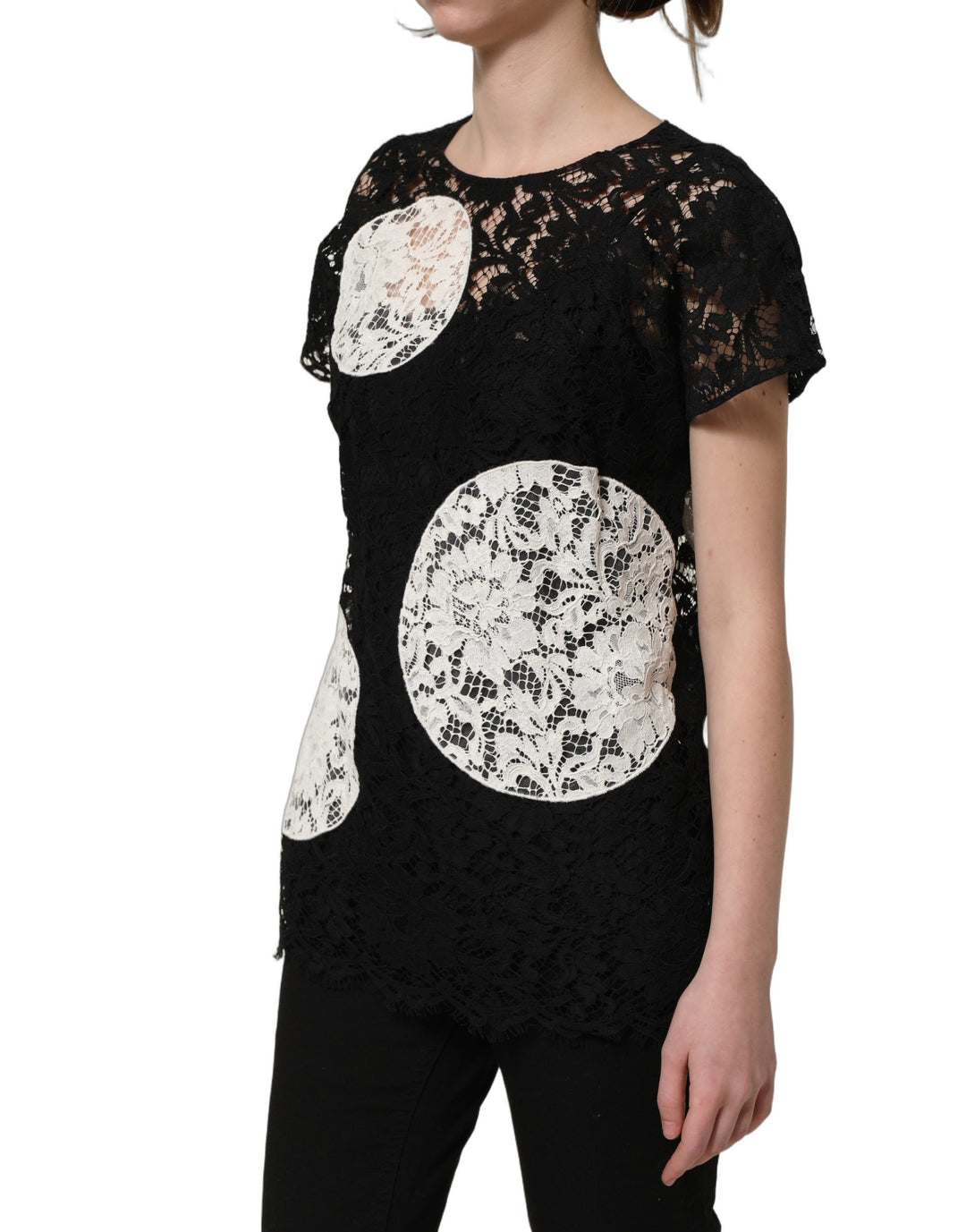 Dolce &amp; Gabbana Black White Floral Lace Short Sleeve Blouse Top