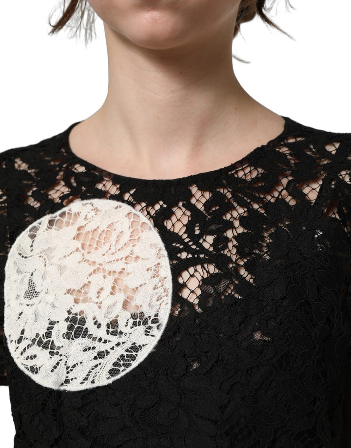 Dolce &amp; Gabbana Black White Floral Lace Short Sleeve Blouse Top