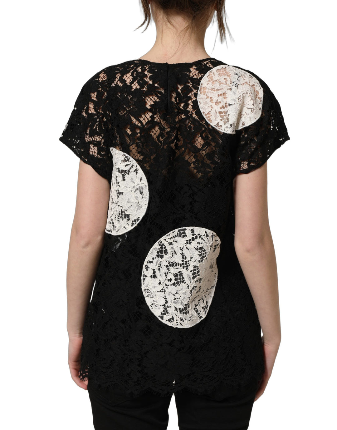 Dolce &amp; Gabbana Black White Floral Lace Short Sleeve Blouse Top