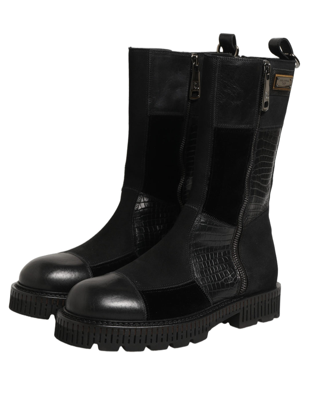 Dolce &amp; Gabbana Black Patchwork Leather Mid Calf Boots Shoes
