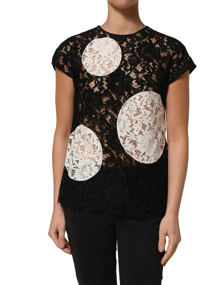 Dolce &amp; Gabbana Black White Floral Lace Short Sleeve Blouse Top