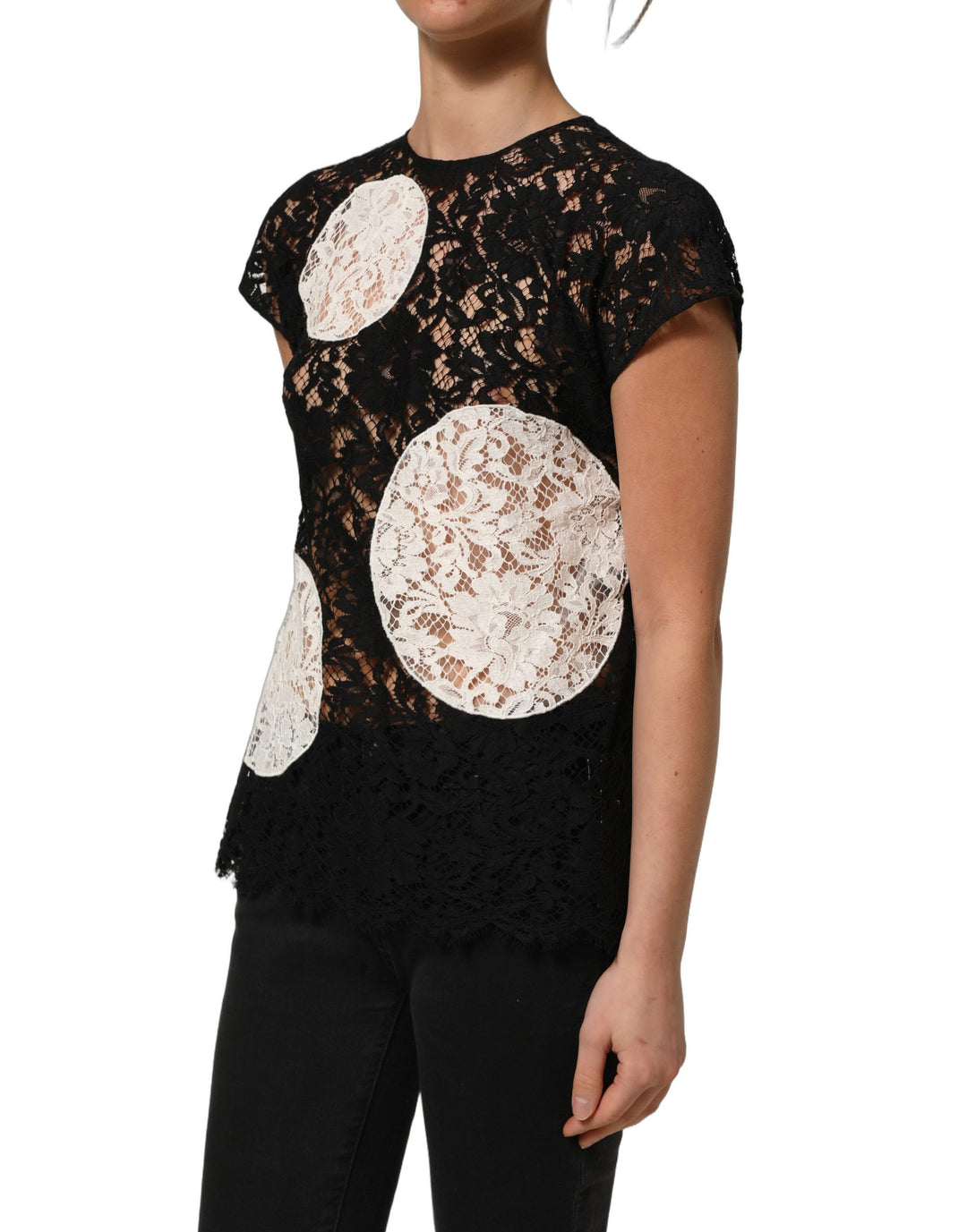 Dolce &amp; Gabbana Black White Floral Lace Short Sleeve Blouse Top