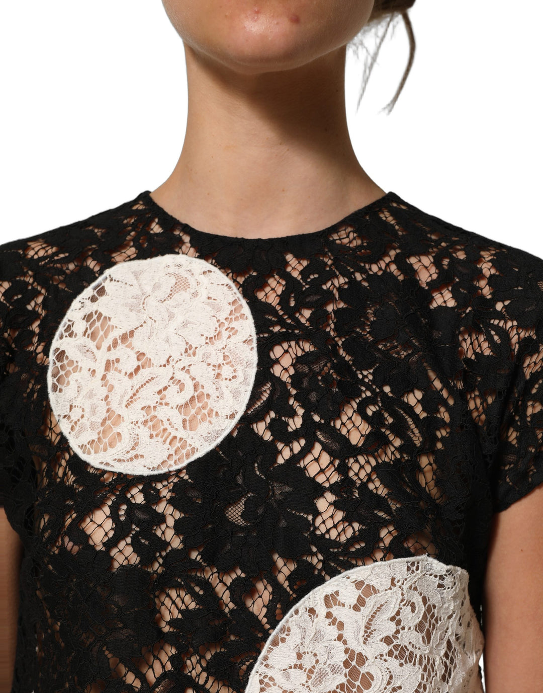 Dolce &amp; Gabbana Black White Floral Lace Short Sleeve Blouse Top