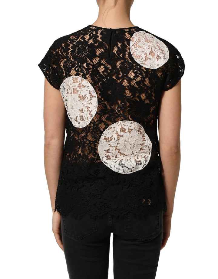 Dolce &amp; Gabbana Black White Floral Lace Short Sleeve Blouse Top