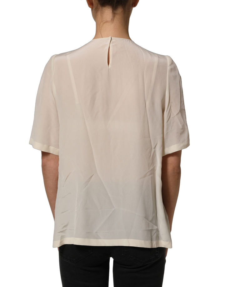 Dolce &amp; Gabbana Beige Lace Trim Bow Short Sleeves Blouse Top