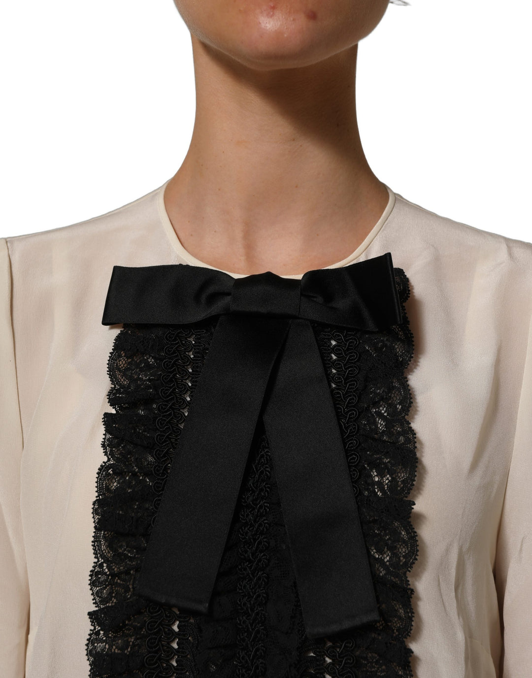 Dolce &amp; Gabbana Beige Lace Trim Bow Short Sleeves Blouse Top