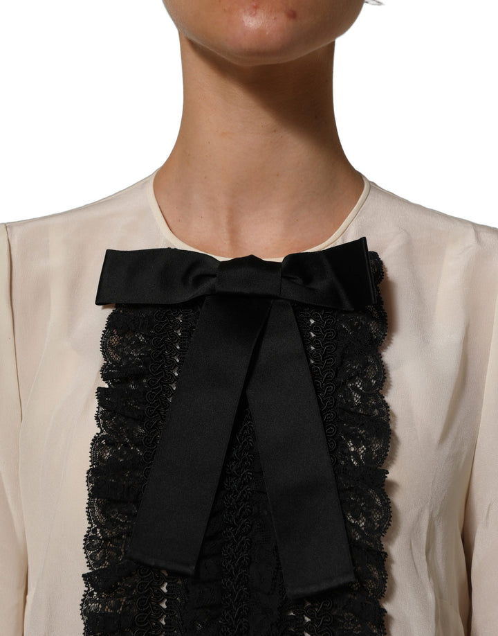 Dolce &amp; Gabbana Beige Lace Trim Bow Short Sleeves Blouse Top