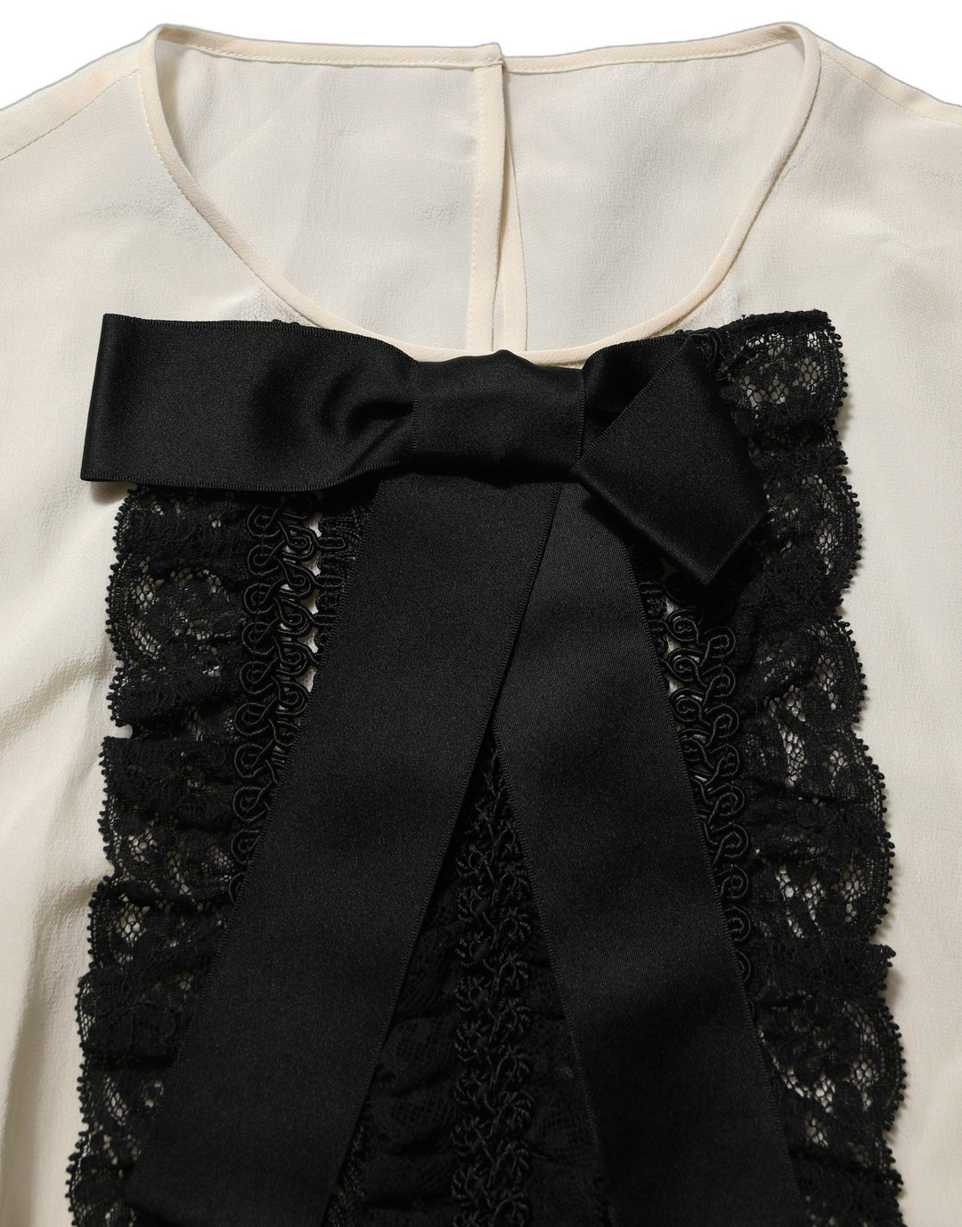 Dolce &amp; Gabbana Beige Lace Trim Bow Short Sleeves Blouse Top