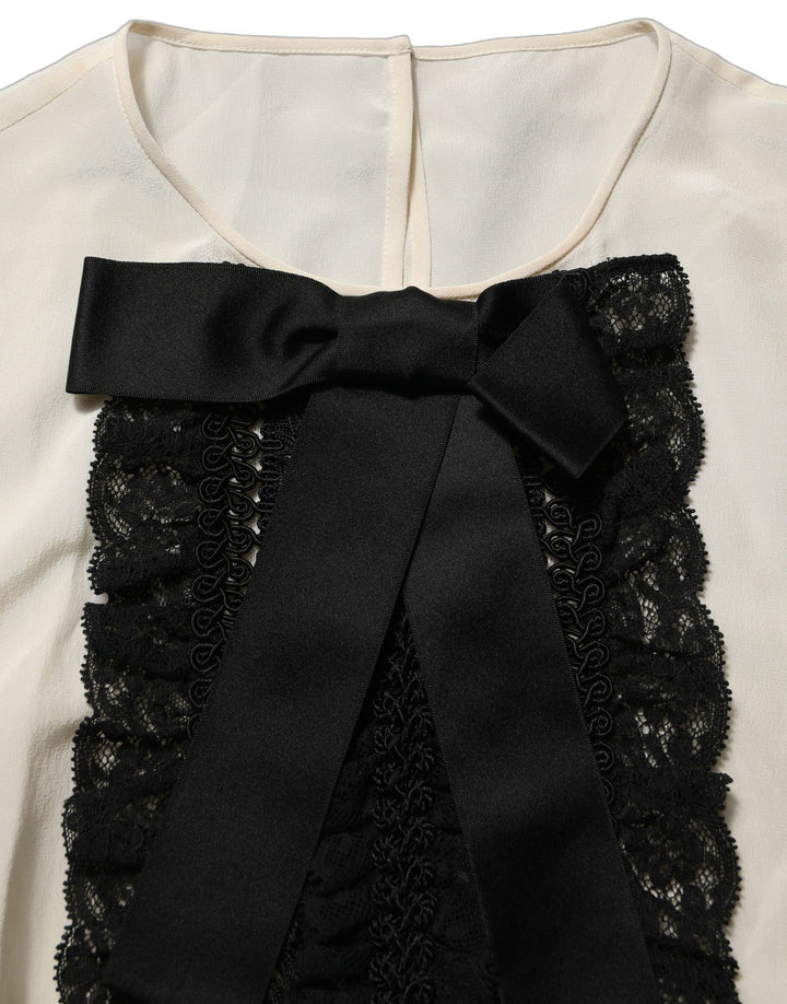 Dolce &amp; Gabbana Beige Lace Trim Bow Short Sleeves Blouse Top